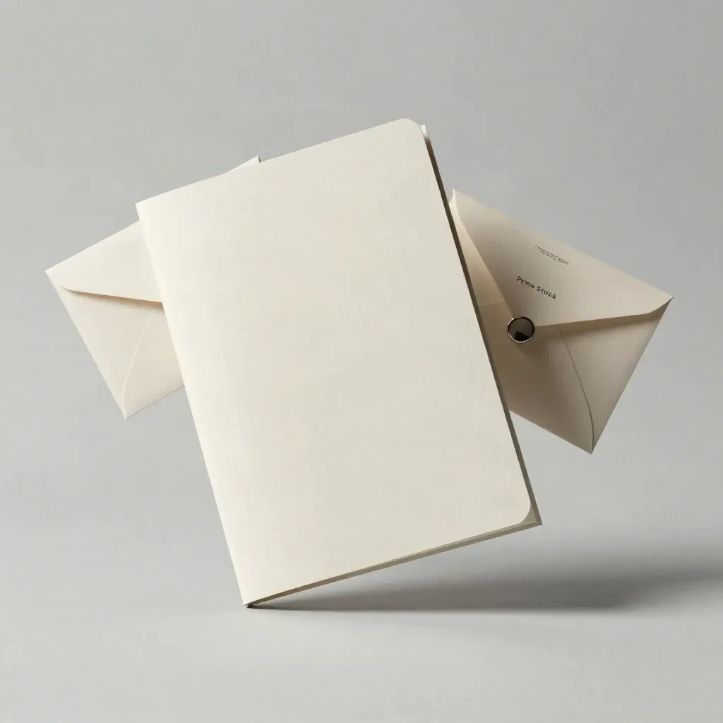 Floating slate research folio with two envelopes and a metal clip on a pale field.