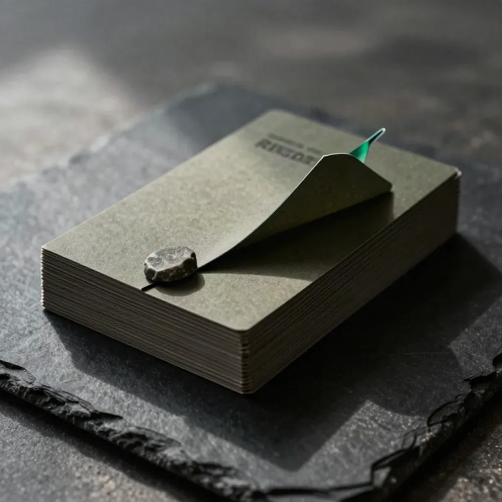 Slate risk report cards with dark clip and stone chip on black stone, lit dramatically with emerald accent.