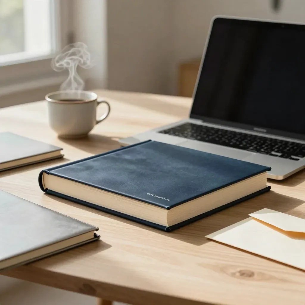 Unbranded research folio beside laptop, notebook, coffee cup and envelope on pale wood in warm window light
