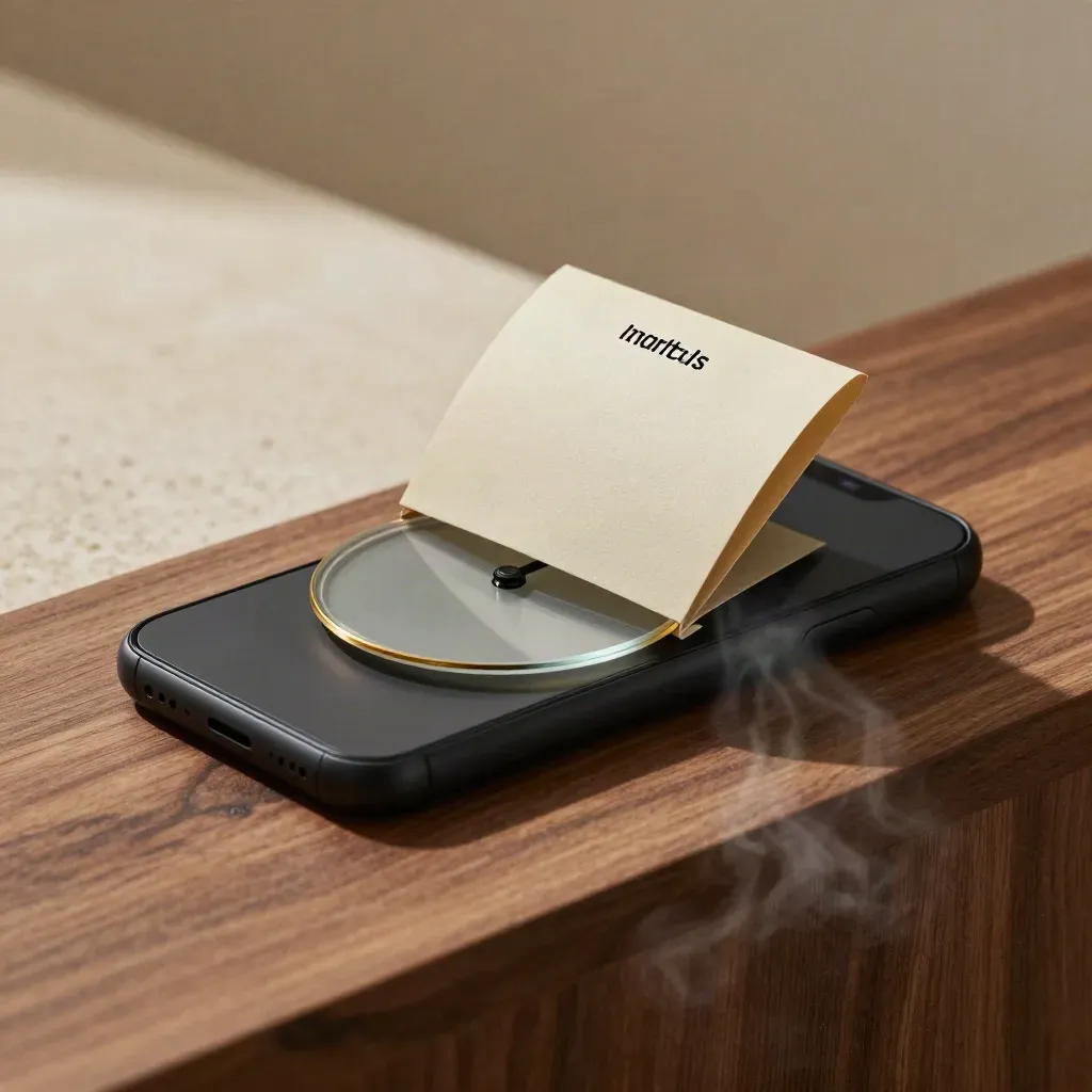 Face-down phone, glass clock disc and lifting paper sleeve on a walnut plinth with soft golden light.
