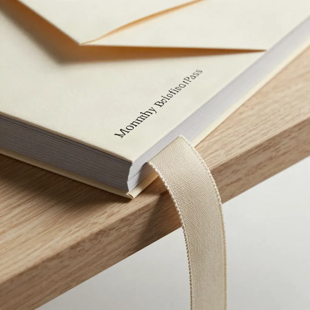 Cream booklet with ribbon and envelope on a pale oak shelf, seen in extreme close-up.
