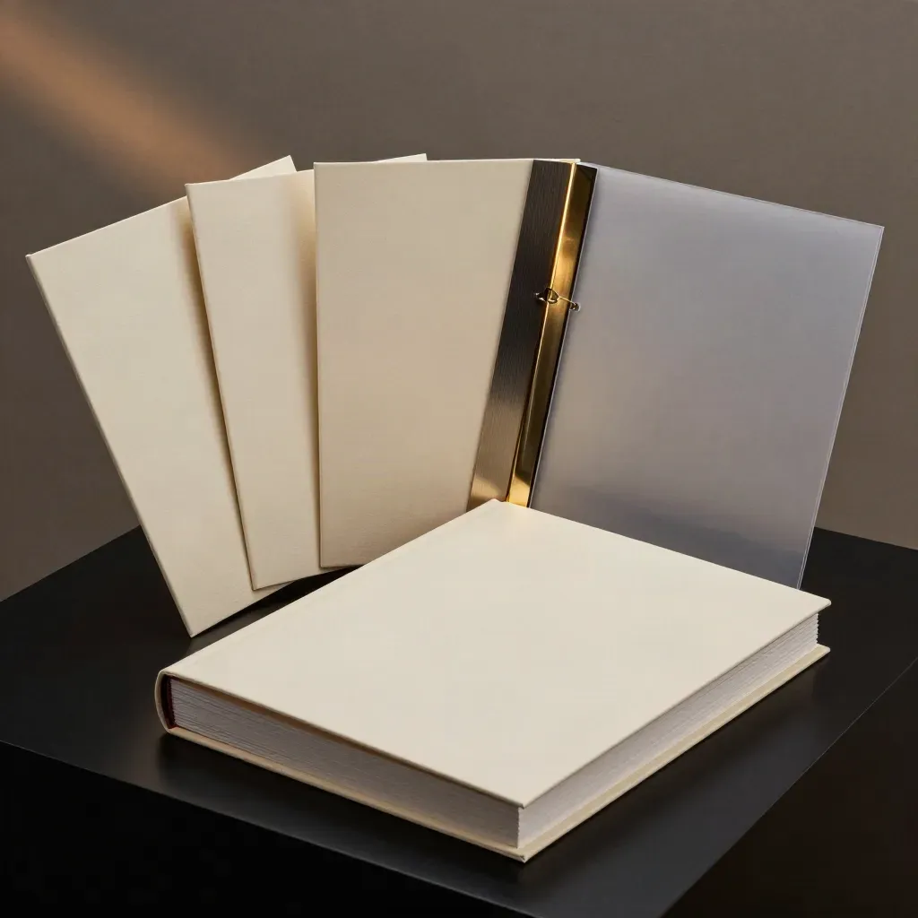 Premium report folios fanned around a presentation box on a dark studio surface