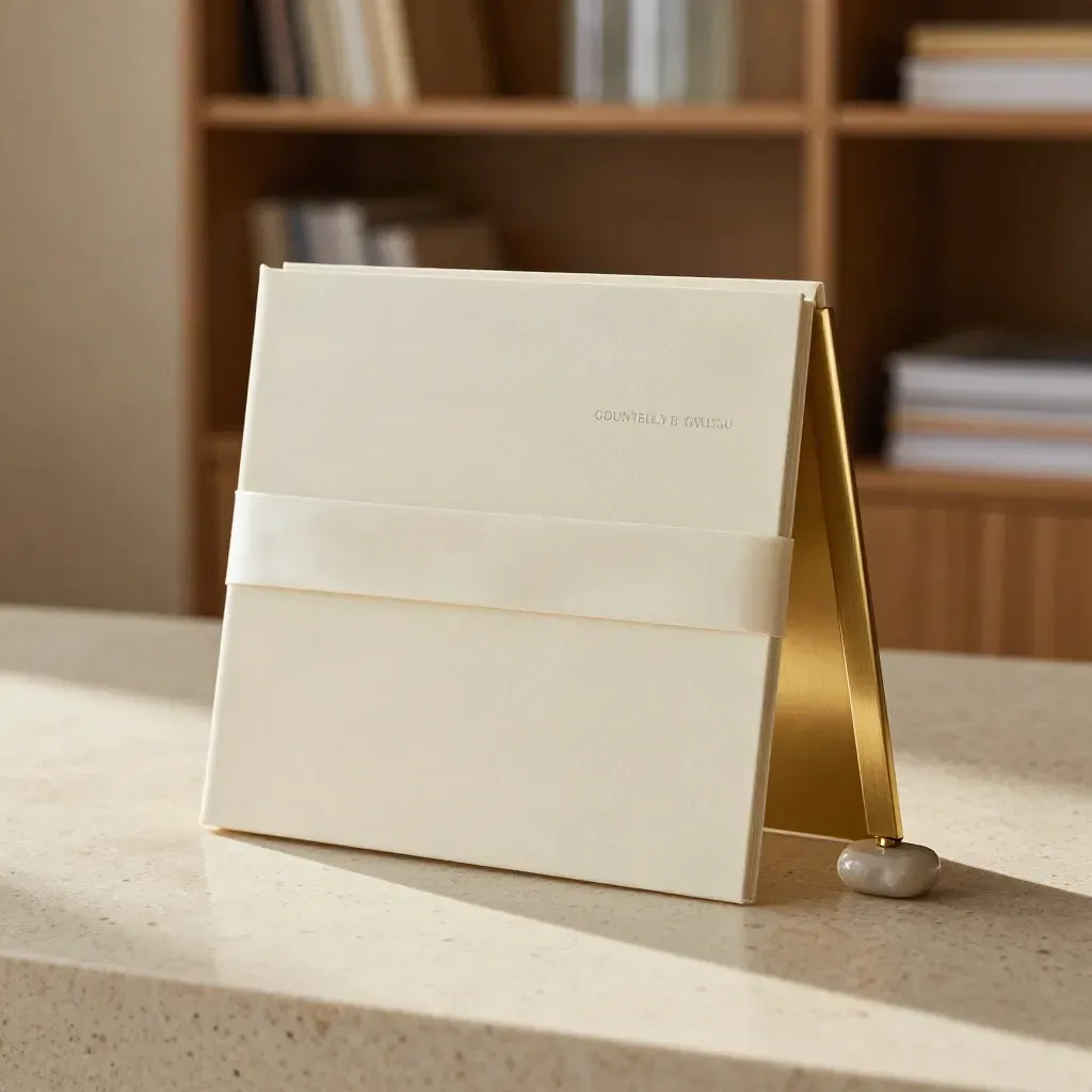 Premium quarterly review folio with brass divider and stone weight on travertine.