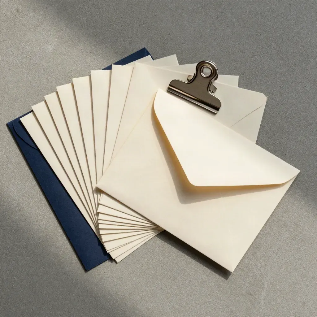Flatlay of finance cards, a pale envelope and metal clip on concrete