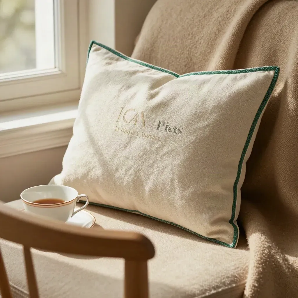Creamy stock pack with linen sleeve beside tea cup and chair edge in warm window light