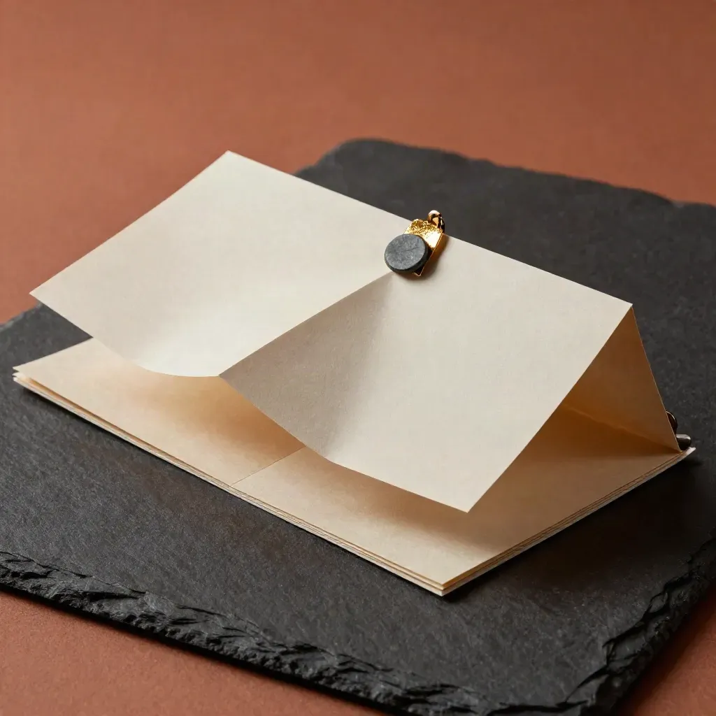 Accordion-fold retirement income map with graphite clip and stone disc on terracotta slate.