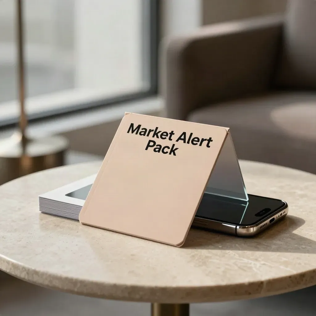 Slim Market Alert Pack sleeve, face-down phone and glass tile on a limestone side table