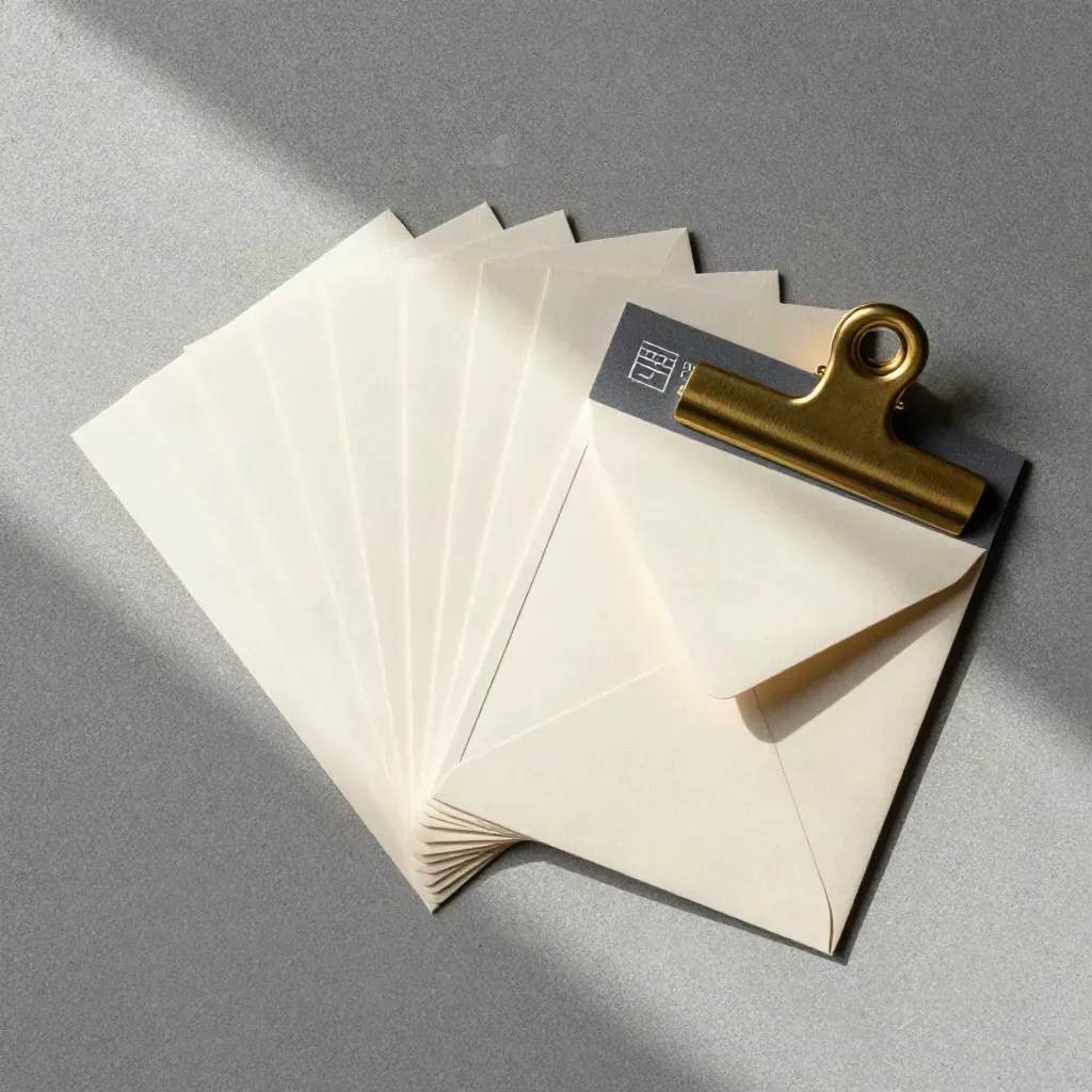 Overhead fan of ten blank cards with brass clip and pale envelope on concrete.
