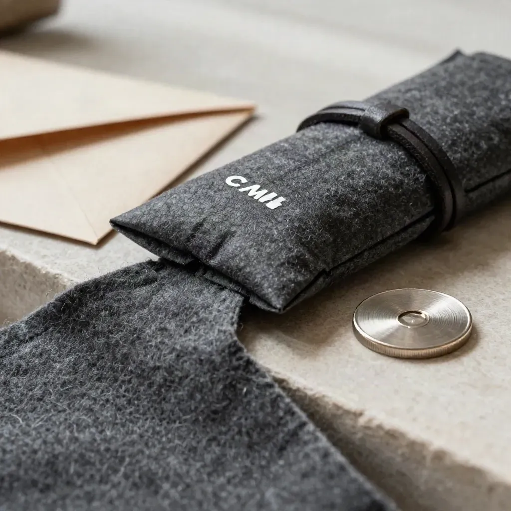 Graphite-wrapped packet with leather cord beside paper envelope and steel token on slate wool.
