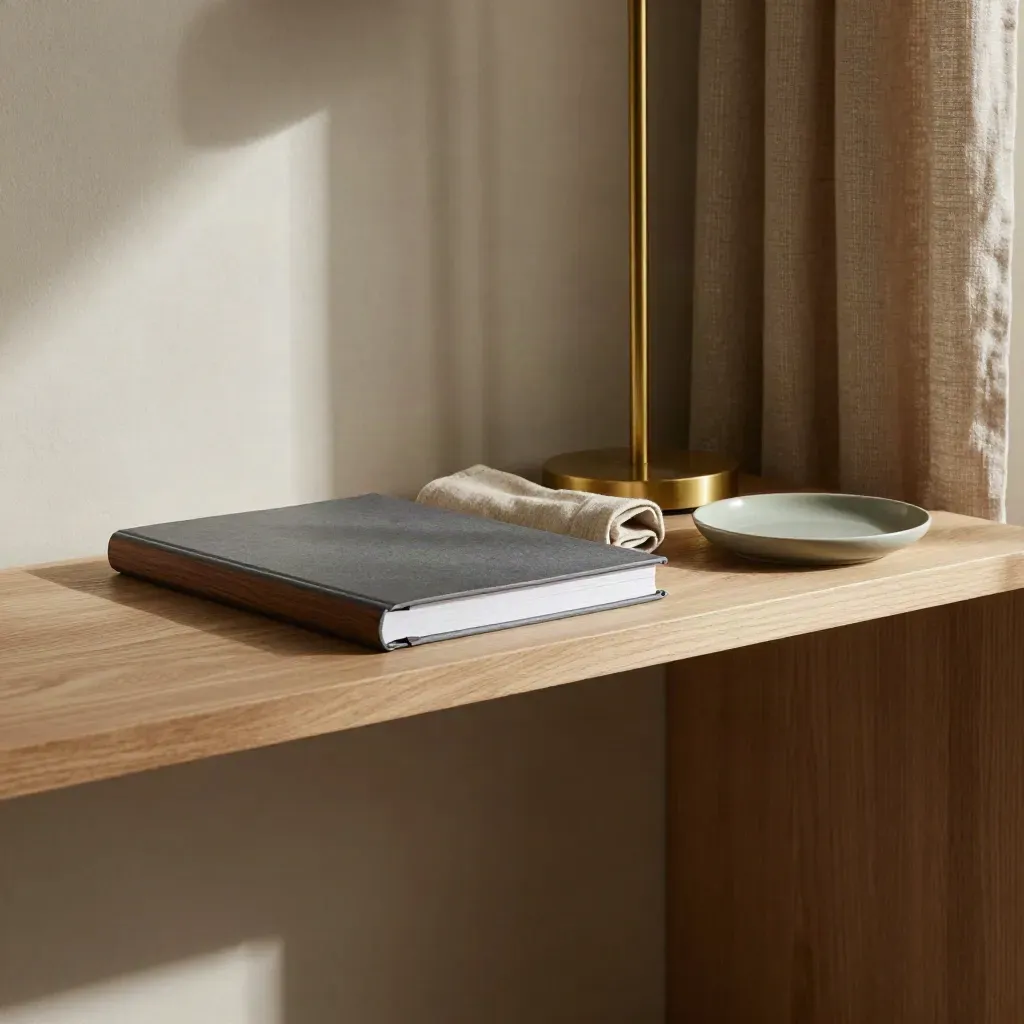 Oak study corner with brass lamp, linen curtains and calm space for ISA Plans copy