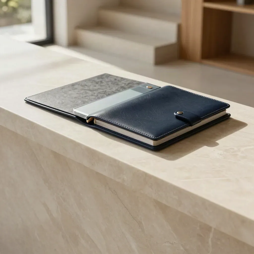 Navy finance folio and research folders on sunlit marble ledge above a calm stone copy zone