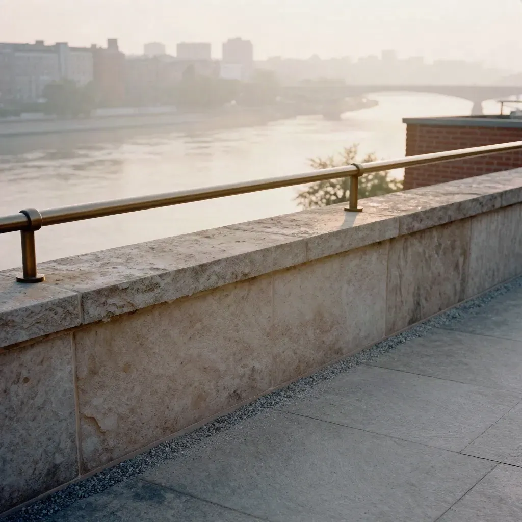 Sunlit rooftop terrace with stone coping, river mist, and a distant brick skyline at dawn.