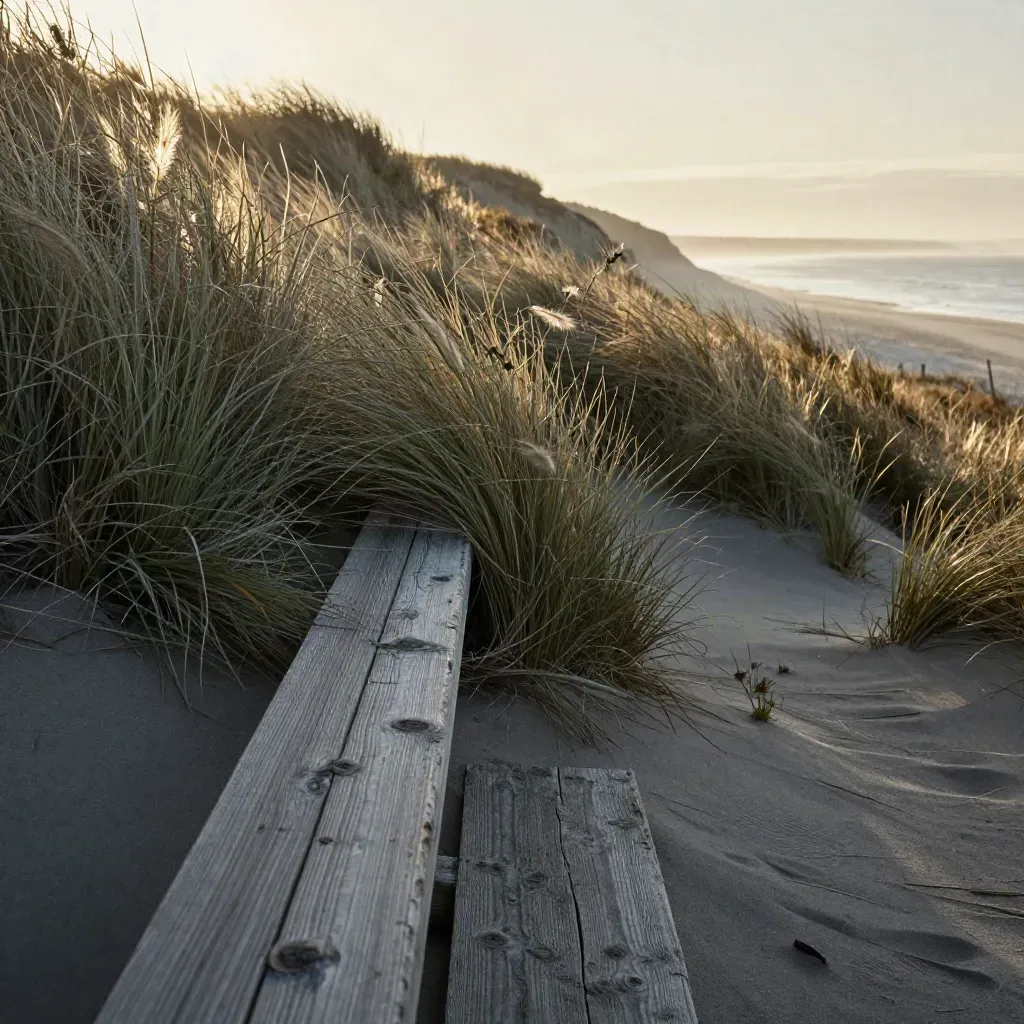 Coastal dune grass and weathered timber on a cliff path above a luminous sea haze.