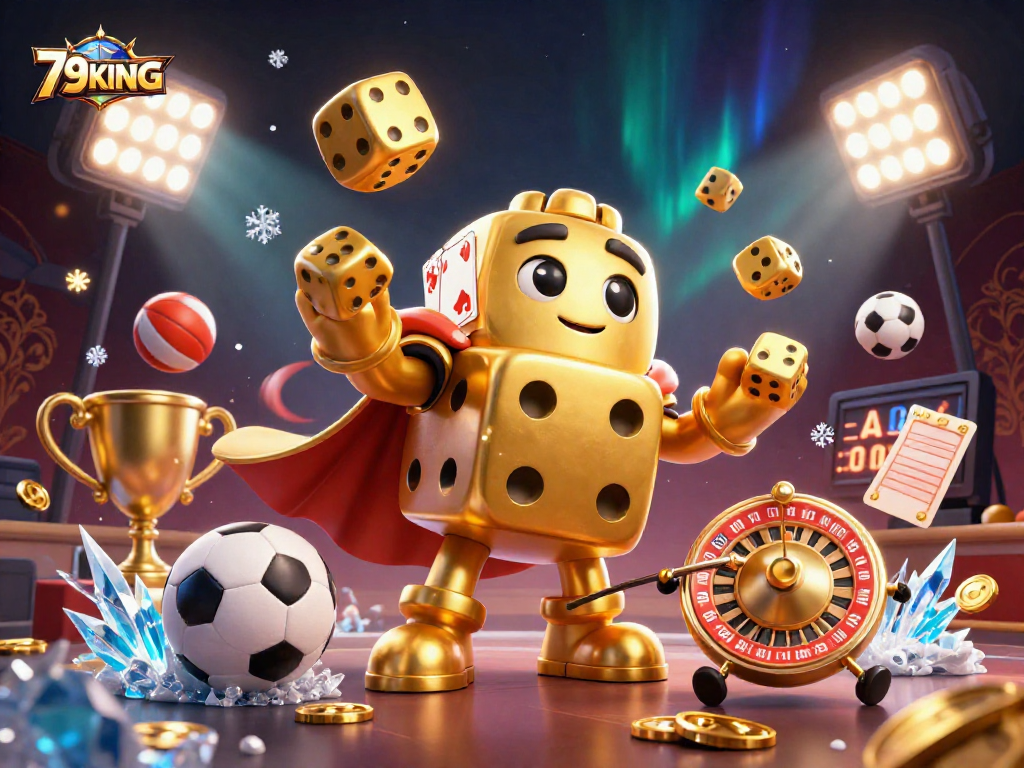 Experience excitement with 79KING as a golden dice golem juggles winning options in a captivating casino scene.