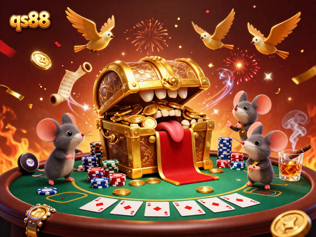 Engage with the thrilling world of qs88 casino, featuring a vibrant 3D casino scene filled with colorful poker elements.