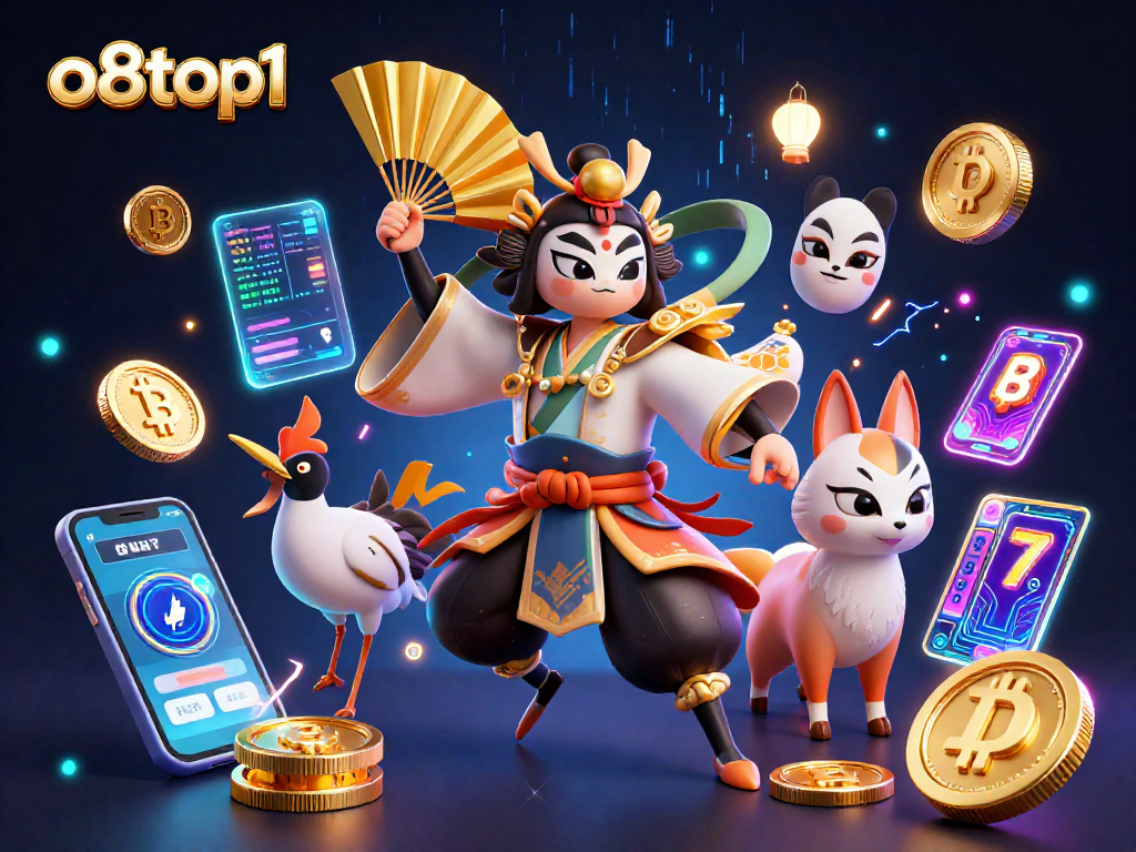Engage with o8top1 through captivating casino gaming art featuring dynamic characters and crypto elements.