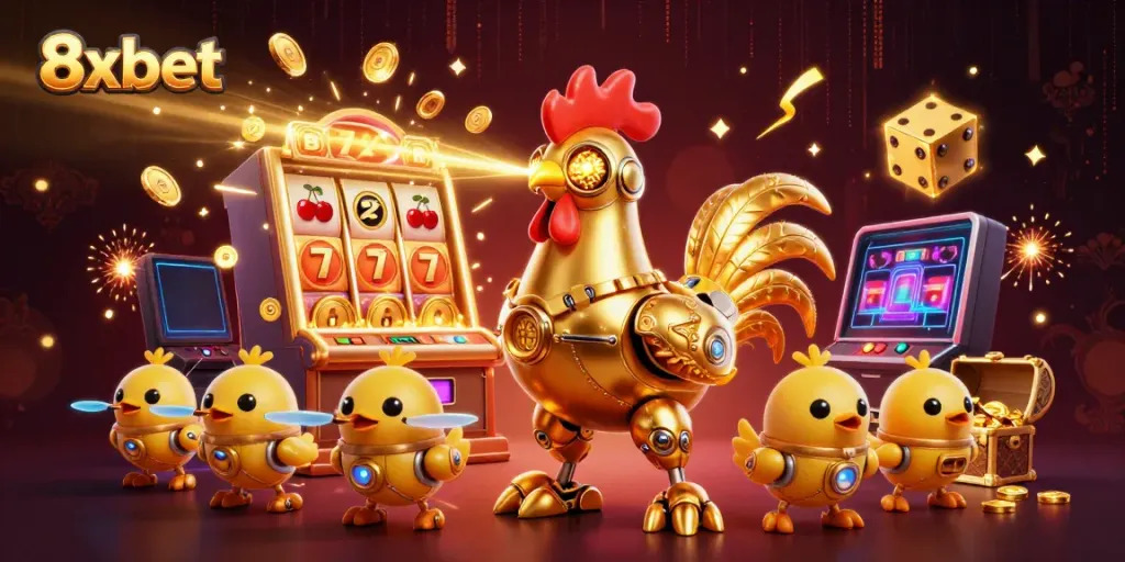 Experience the excitement of 8xbet with a vibrant 3D casino scene featuring a golden rooster robot and slot machines.