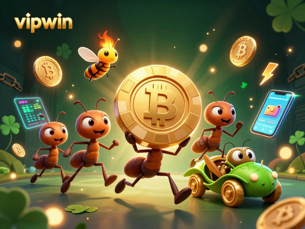 Engage with vipwin as ants heist a golden poker chip in a vibrant casino world.
