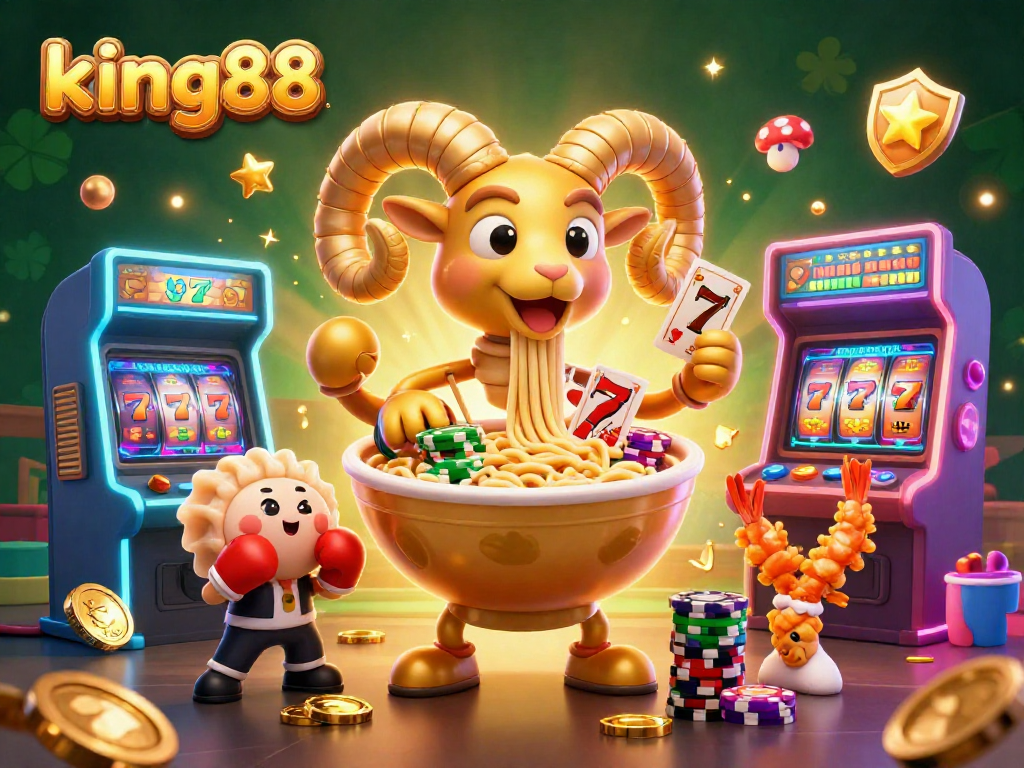 Engage with king88 as a vibrant 3D casino scene showcases a golden ramen bowl and slot elements.