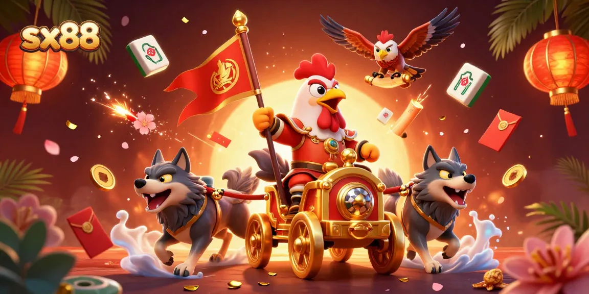 Engage with the vibrant casino action at sx88, featuring a rooster warlord and festive gaming elements.