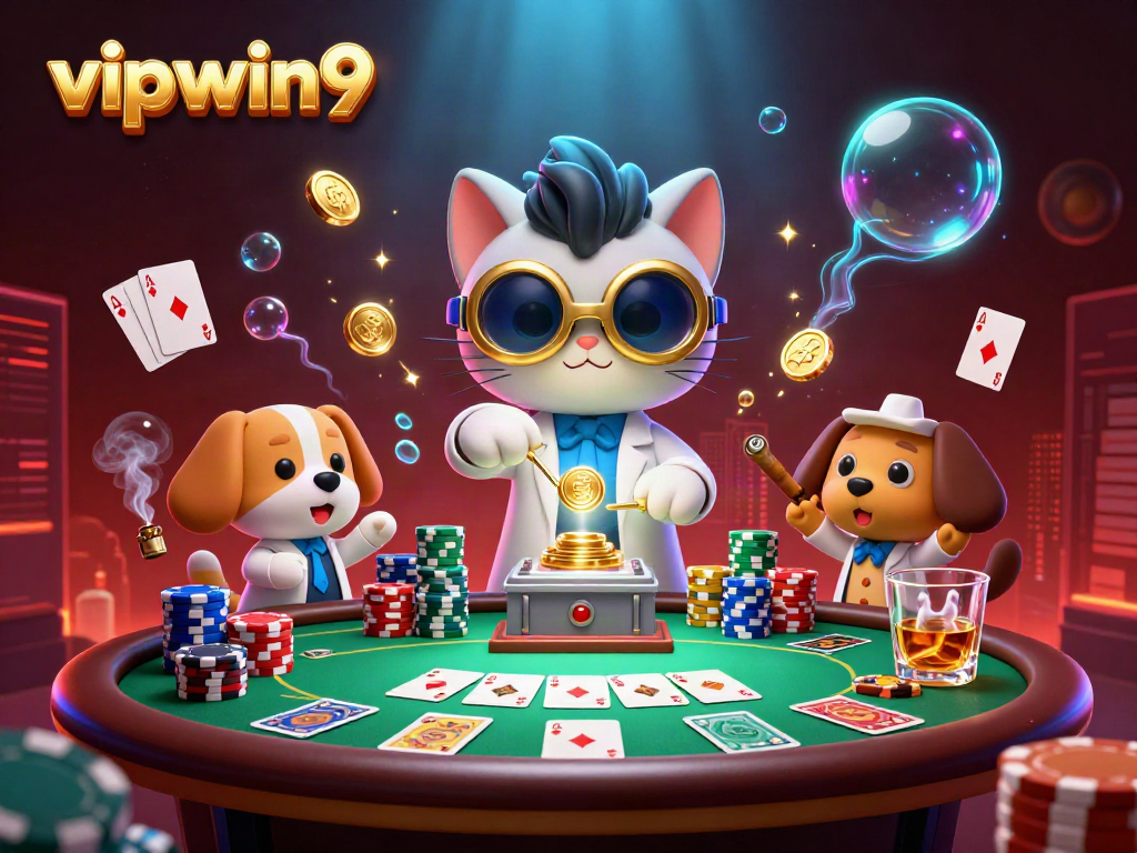 Experience the thrilling world of vipwin9 where a mad scientist cat and loyal dog create a gold-coin machine amidst a vibrant casino!