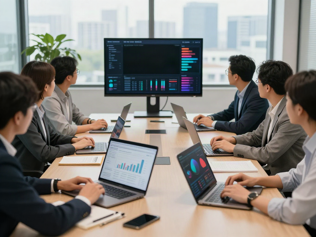 Team discussing review performance metrics in a modern office