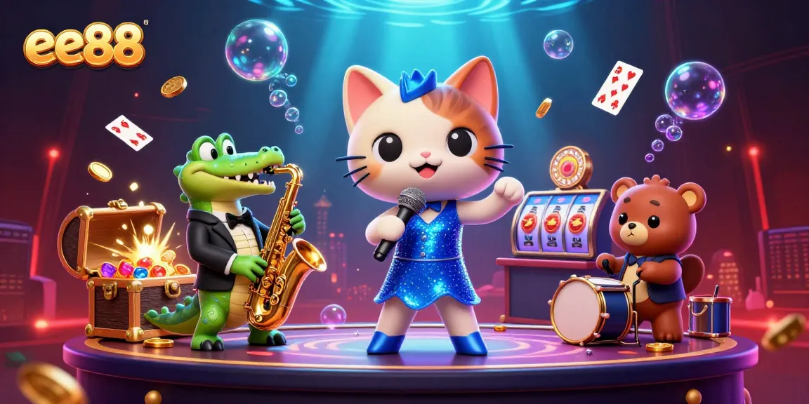 ee88 showcases vibrant underwater casino scene with animated characters in a lively performance.