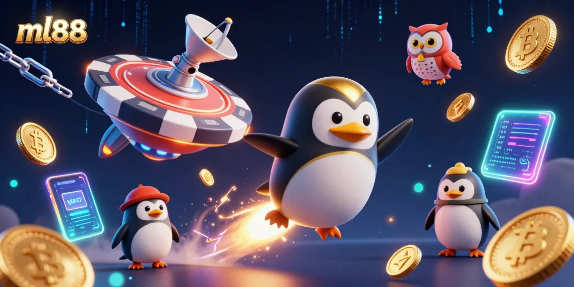 Experience vibrant gameplay with ml88's rocket-powered penguin soaring through a casino-themed space.