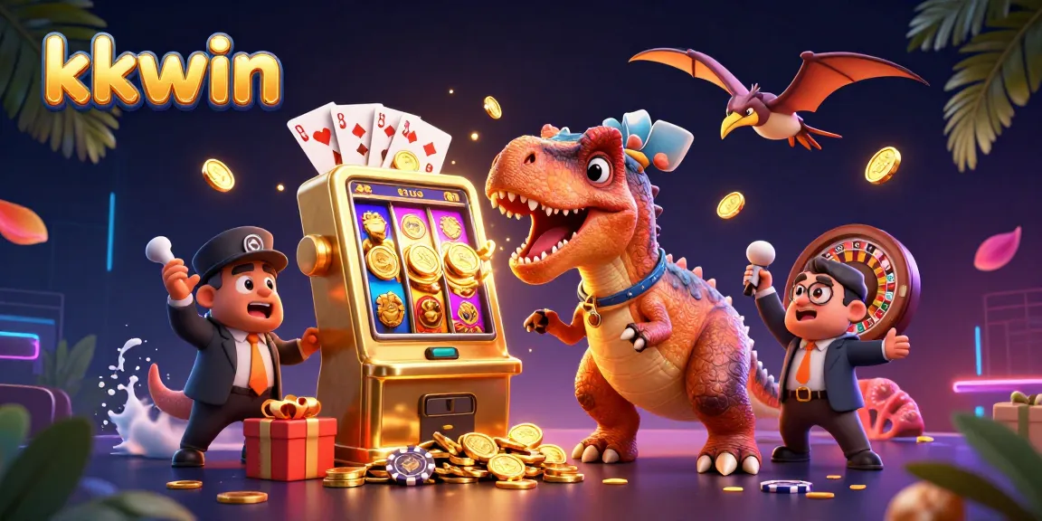 kkwin spins the jackpot with a dinosaur headbutting a slot machine in a vibrant casino scene