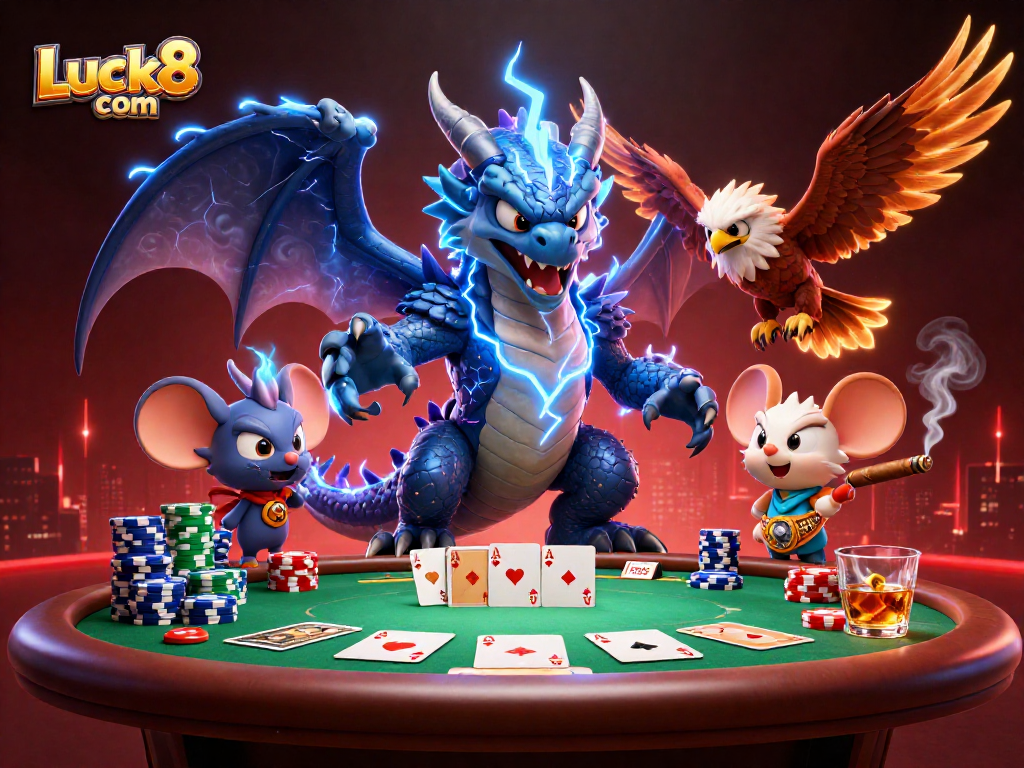 Engage in thrilling poker action with Luck8 com as a thunder dragon and hawk energize the scene.