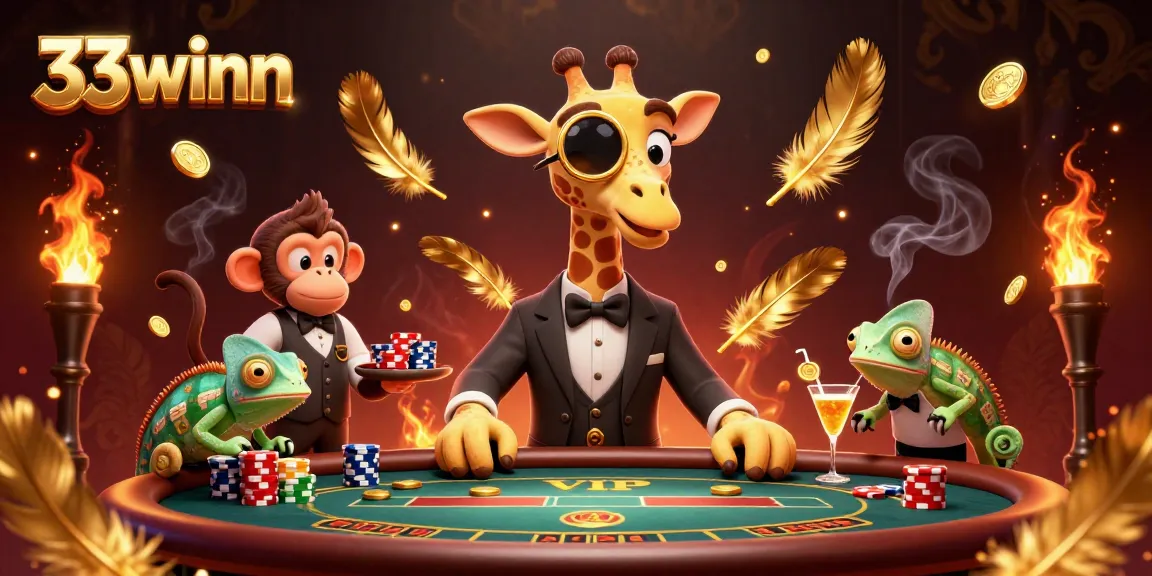 Play high-stakes poker at 33winn with a cartoon giraffe and monkey valet in a luxury setting.