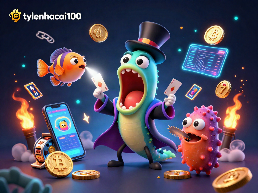 Engage in thrilling card tricks with tylenhacai100, featuring magical creatures amid a vibrant casino atmosphere.