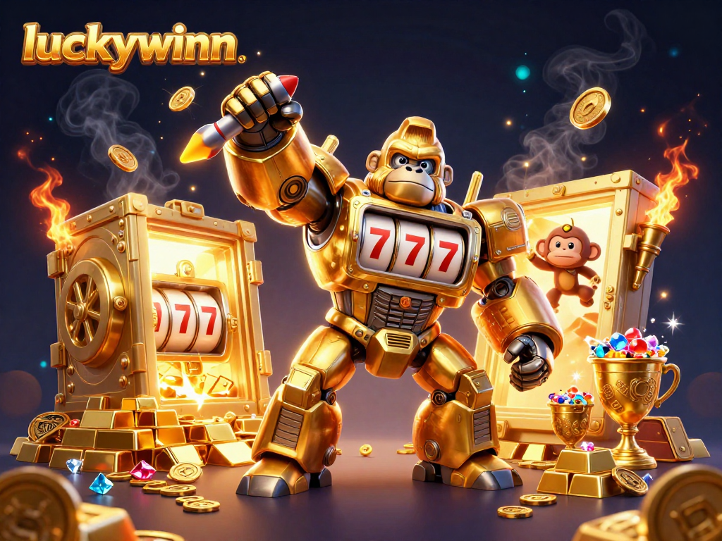 Play to win big with luckywinn featuring a golden gorilla mech and treasure-filled scene.