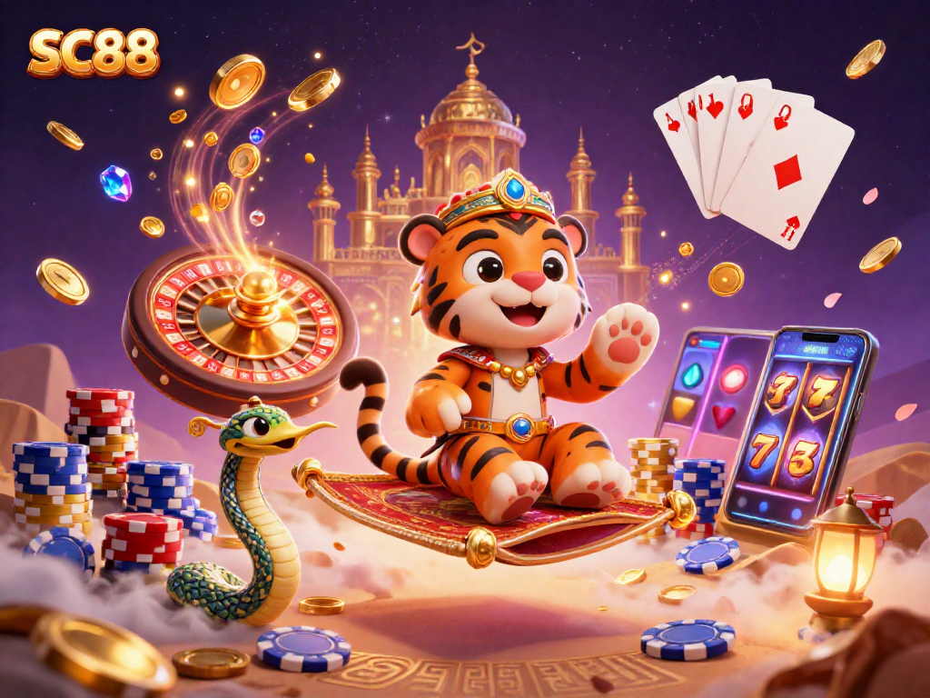 Engage in thrilling gameplay at SC88 with an enchanting gaming scene featuring a royal tiger sultan and treasures.