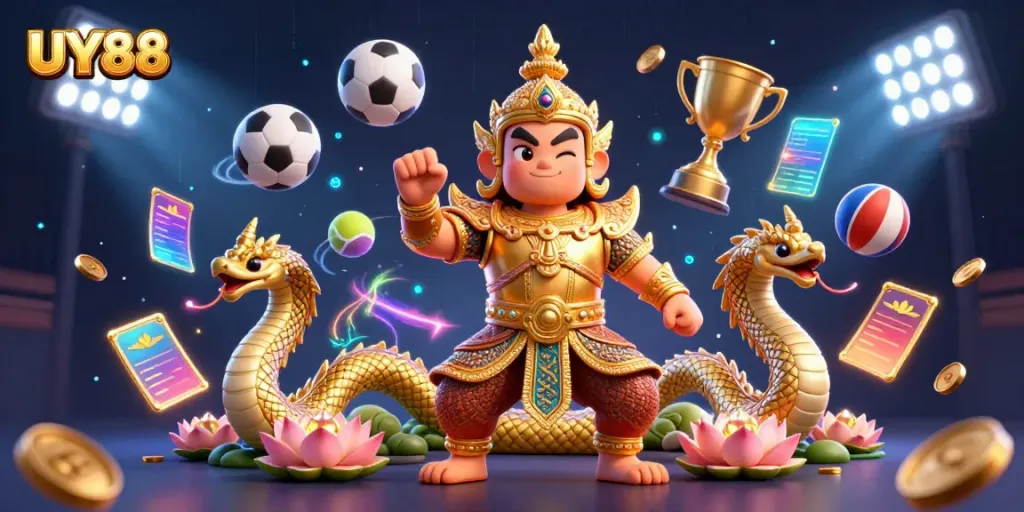 Experience UY88's thrilling atmosphere with a vibrant 3D illustration featuring a majestic guardian and sports elements.