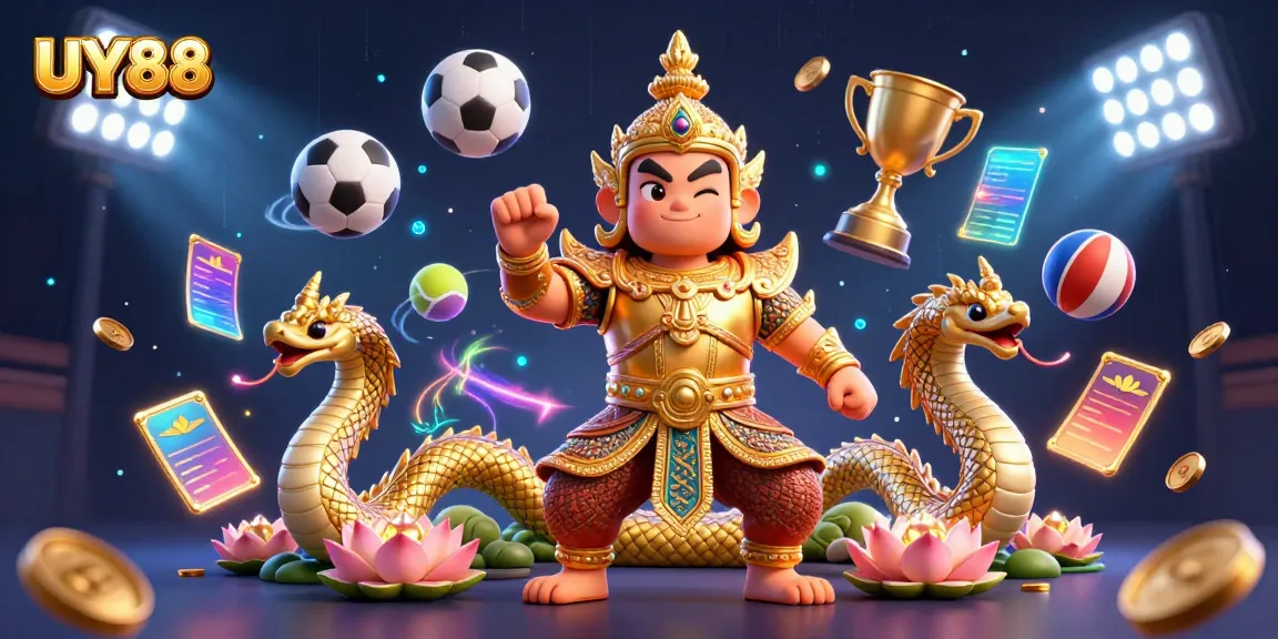 Experience UY88's thrilling atmosphere with a vibrant 3D illustration featuring a majestic guardian and sports elements.
