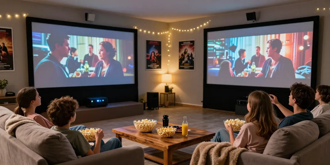 Enjoying a movie night at home with idlix streaming on a projector screen.