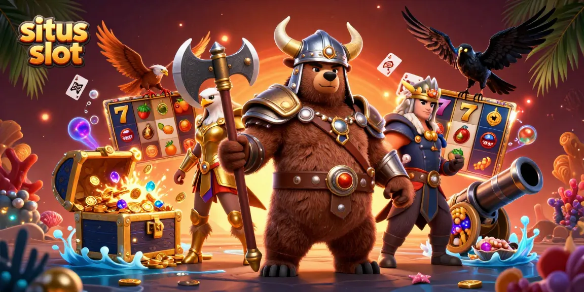 Engage with the situs slot scene featuring a Viking bear and Valkyrie eagle amidst dynamic gaming elements.