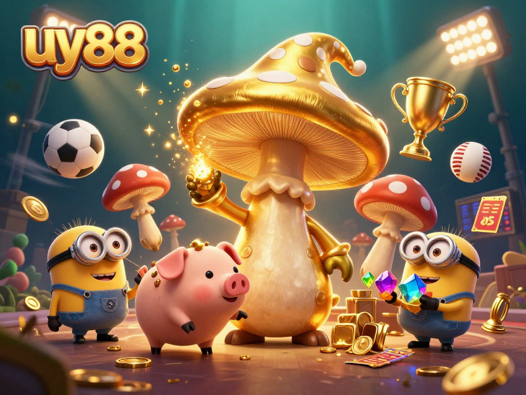 Bet on sports and discover gold treasures with uy88 in a vibrant casino-themed 3D illustration.