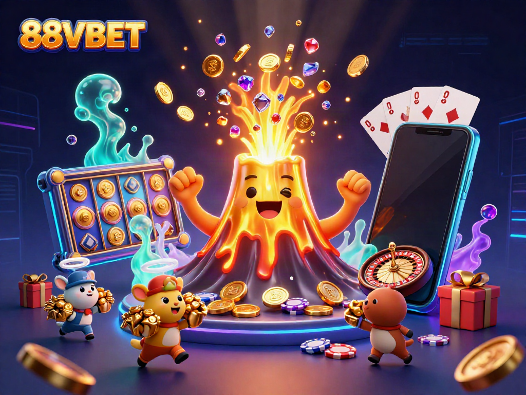 Admire the vibrant eruption of coins and treasures in a dynamic 88VBET-themed casino scene.