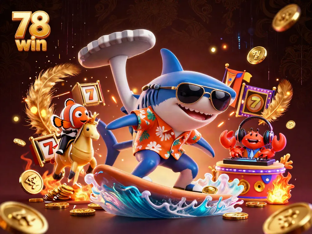 Experience thrilling gaming adventures with 78 win's vibrant 3D scene of a shark and animated characters.