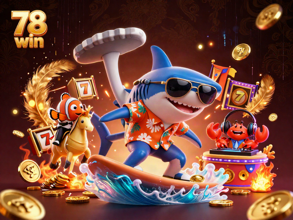 Experience thrilling gaming adventures with 78 win's vibrant 3D scene of a shark and animated characters.