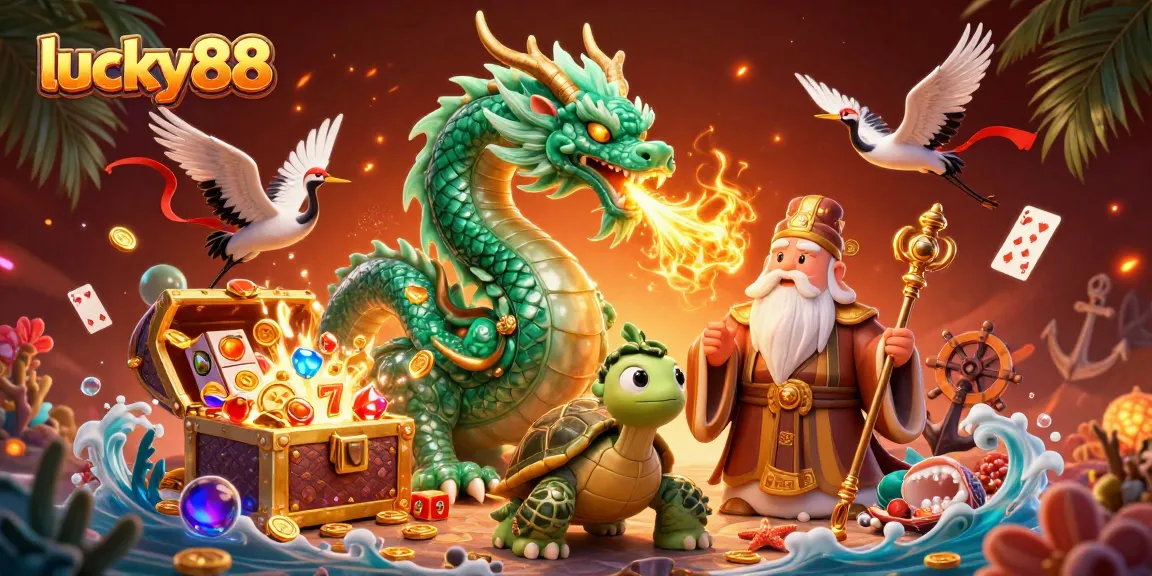 Engage with lucky88 in a magical casino scene featuring a jade dragon, turtle sage, and flying cranes.