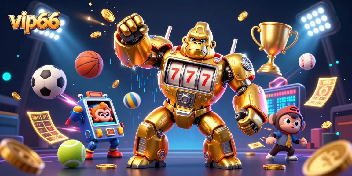 Engage with vip66's animated golden gorilla mech amidst vibrant sports betting action.