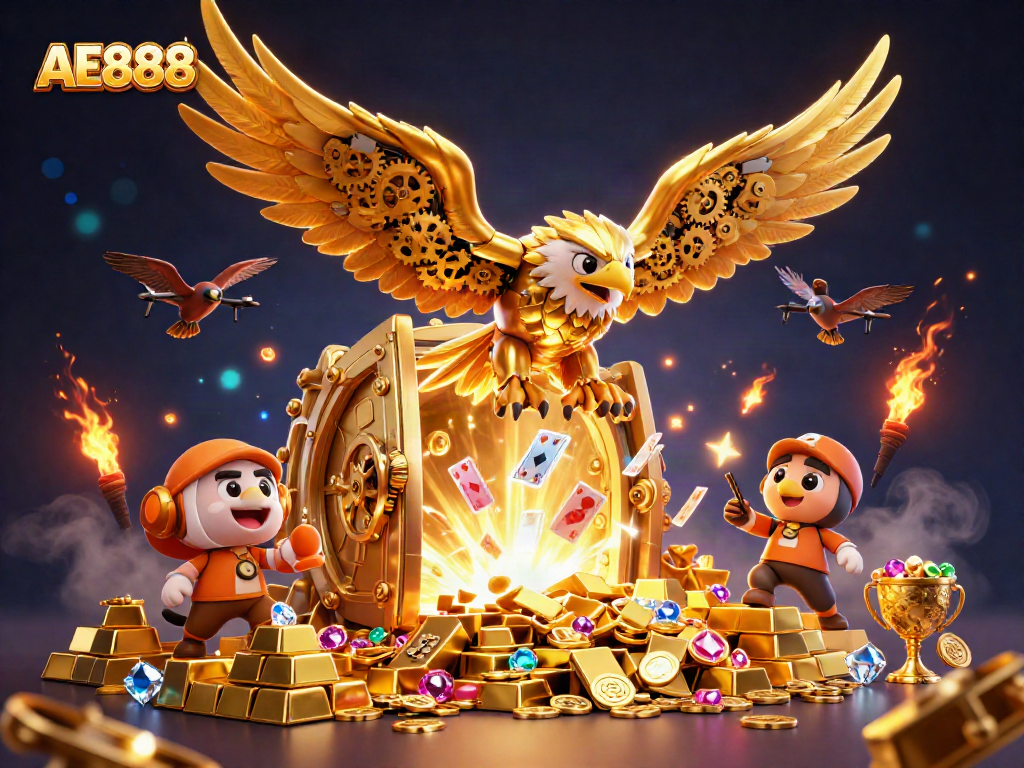 Immerse in the thrilling world of AE888 as the golden eagle dives through cascading holographic playing cards.