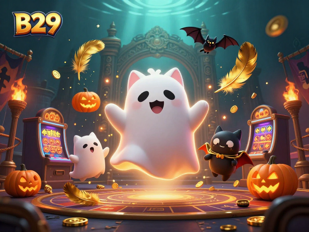 B29 ghost cat and vampire bat winning in a haunted casino, surrounded by glowing poker symbols.