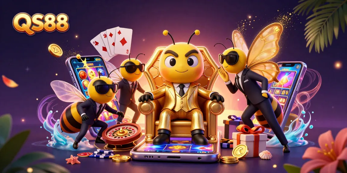 Experience vibrant casino thrills with QS88 in an ultra-detailed digital illustration of a buzzing gambling realm.