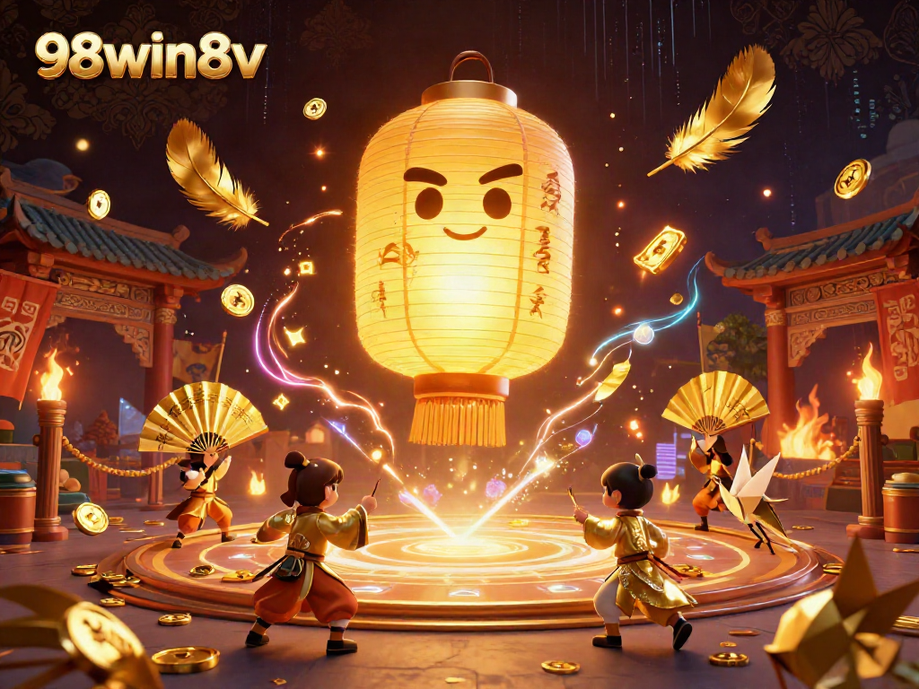 Experience the thrill of 98win8v with enchanting casino visuals showcasing a glowing lantern spirit and dynamic gaming elements.