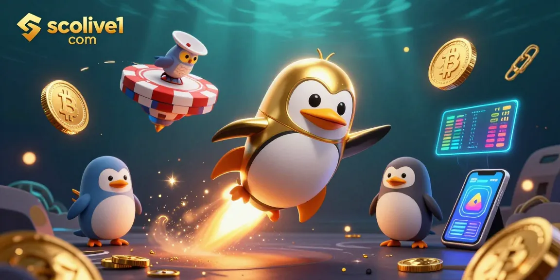 Bet on big wins at socolive1 com with a golden penguin and glowing crypto coins blasting through a vibrant casino space.