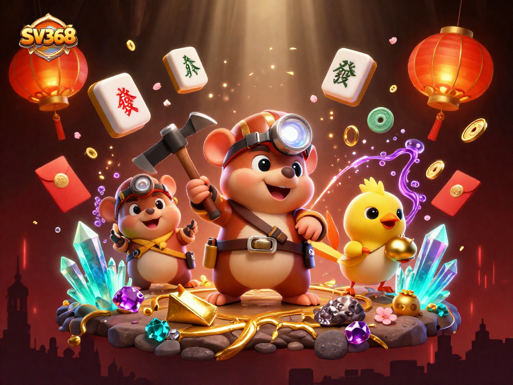 SV368’s treasure hunter mole amidst a vibrant cave of casino riches and lively elements.